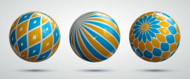 Soyut vektör gerçekçi küreler seti, desenlerle süslenmiş güzel festival topları koleksiyonu, grafik tasarım elementleri.