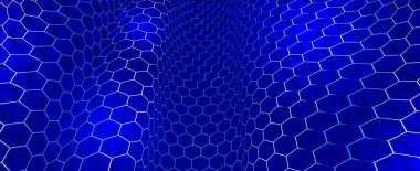 Altıgen örgülü teknoloji vektörü soyut arkaplan, nanoteknoloji ve bilimin 3 boyutlu soyutlaması, elektronik ve dijital tarz, tel net boyut perspektifi.