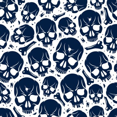 Skulls seamless pattern, vector background with crazy sculls for Hard Rock and Rock N Roll subculture prints textile, hazard and danger, horror and death theme. clipart