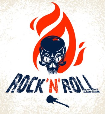 Skull on fire Rock and Roll vektör logosu veya amblemi, agresif kurukafa alevler içinde Hard Rock etiketi, Punk müzik festivali konseri veya kulüp, müzik aletleri dükkanı veya kayıt stüdyosu.
