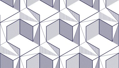Geometrik küpler soyut dikişsiz desen, üç boyutlu vektör arkaplan. Teknoloji stili mühendislik çizgisi sonsuz çizimler yapıyor. Tek renk, siyah ve beyaz. Kumaş, duvar kağıdı, ambalaj, ağ ve baskı için kullanılabilir.