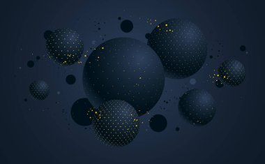 Soyut siyah ve sarı noktalı küreler vektör arkaplan, noktalarla süslenmiş uçan topların bileşimi, 3D karışık küreler