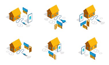 Akıllı ev IOT konsepti elektronik modern ev vektörü izometrik çizimler seti, akıllı güvenlik, uzak gelecekteki otomatik uygulamalar.