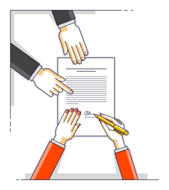 İş kadını kontrat kâğıdı imzalar ya da banka müşterisi finansal kredi formuna bir tabela yazar ve çalışan ona yardım eder ve kredi şartlarını, insanların ellerinin üst görünümünü açıklar. Vektör.