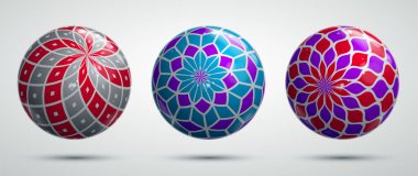 Soyut vektör gerçekçi küreler seti, desenlerle süslenmiş güzel festival topları koleksiyonu, grafik tasarım elementleri.