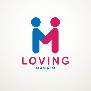 Mutlu çift basit vektör logosu veya insanların oklar şeklinde geometrik işaretleriyle oluşturulmuş bir simge. Erkek ve kadının şefkatli ve sevgi dolu ilişkisi, sevgili ve sevgili..