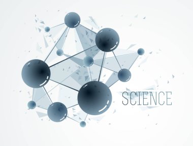 Moleküller vektör soyut arkaplan, 3 boyutlu bilim kimyası ve fizik tema tasarım elementi, atomlar ve parçacıklar mikro nano bilimsel gösterim.