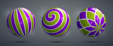 Soyut vektör gerçekçi küreler seti, desenlerle süslenmiş güzel festival topları koleksiyonu, grafik tasarım elementleri.
