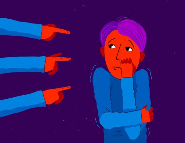 Utanç verici ve suçlayıcı vektör konsepti, el ile genç adamı işaret etmek rahatsız ve korkmuş, sosyal gruplarda acımasız ve hoşgörüsüz davranış ayrımcılığı sorunu.