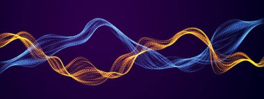 3D parçacıklar ağ dizisi, karanlığın üzerinde akan karşılıklı ses dalgası. Yuvarlak parlak noktalar vektör etkisi çizimi. Harmanlanmış ağ, gelecek teknolojisi duvar kağıdını rahatlatıyor.