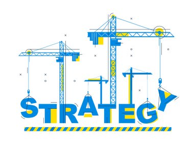 İnşaat vinçleri strateji kelime vektör konsepti tasarımı, gelişim sürecinde alegorili kavramsal illüstrasyon, iş planının şık metaforu oluşturur..