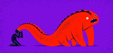 Psişik problemler, örneğin fobi psikozu şizofreni halüsinasyonlar vektör konsepti illüstrasyonu düz moda tarzı, psikiyatri ve psikoloji alegorisi, kafasından canavar geçen bir adam..