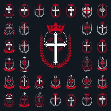 Vintage Christian vektör logolarını veya amblemlerini çaprazlar, Heraldik tasarım elementleri büyük set, klasik tarz habercilik din sembolleri, antika tasarımlar.