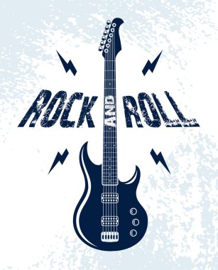 Elektro gitar vektör logosu, konser festivali ya da gece kulübü etiketi, müzik teması illüstrasyonu, gitar dükkanı ya da tişört baskısı olan Rock and Roll amblemi, stil tipografisi olan rock grubu işareti.