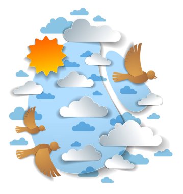 Gökyüzünde uçan kuşlar güzel bulutlar ve güneş, yaz bulutları, kağıt üzerindeki vektör illüstrasyonları çocukların tarzını kesiyor..