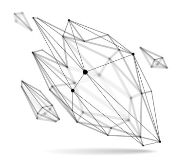 Soyut 3D ağ şekilli vektör çizimi, çizgilerle bağlantılı noktalar teknoloji çokgen nesne beyaz arkaplan üzerinde izole, gerçekçi alan etkisi derinliğine sahip dinamik kafes.