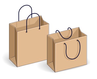 Alışveriş torbaları büyük indirim, büyük satış, perakende satış, Kara Cuma indirimi, beyaz arka planda izole edilmiş ekolojik kağıt torba. Isometric vektör illüstrasyonu, 3d ince çizgi tasarımı.