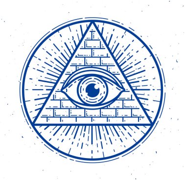 Kutsal geometri üçgeninde, duvarcılık ve illuminati sembolünde, vektör logosu veya amblem tasarım elementinde Tanrı 'nın gözü görülüyor..