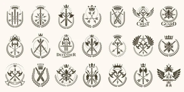 Logotipos Vetor Arma Vintage Emblemas Elementos Design Heráldicos Grande Conjunto — Vetor de Stock