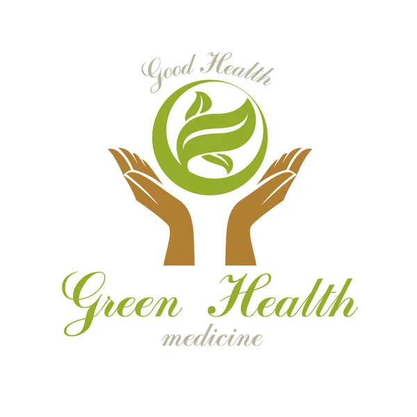 Yeşil Bahar Yapraklarını Tutan Şefkatli Eller Tıbbi Rehabilitasyon Soyut Logosu — Stok Vektör