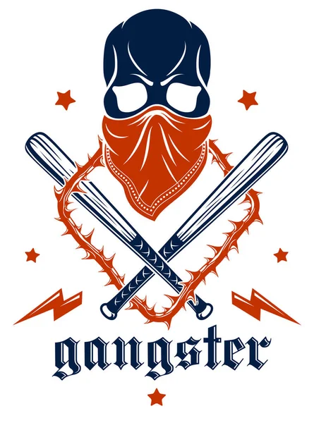 Brutální Gangster Emblém Nebo Logo Agresivní Lebka Baseballové Pálky Další — Stockový vektor