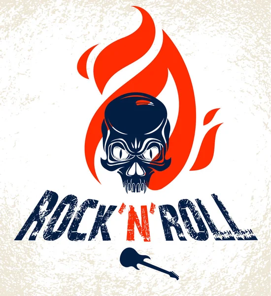 Tengkorak Keras Api Logo Rock Roll Vector Atau Emblem Agresif - Stok Vektor