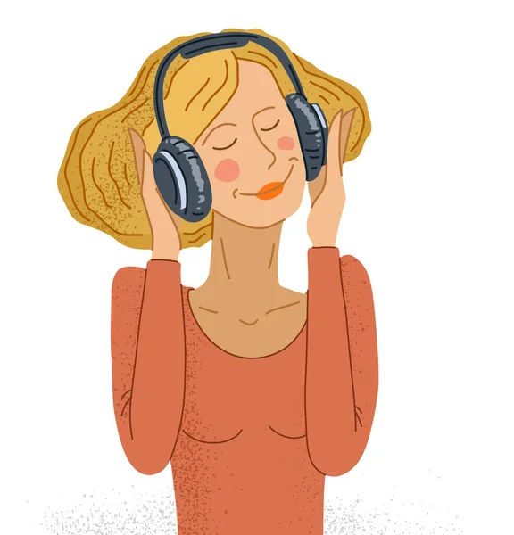 在耳机里听音乐的年轻女人被白色的画片隔开 女孩正在欣赏和放松地听音乐 — 图库矢量图片