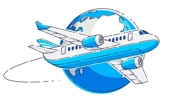 具有地球行星 航空公司航空旅行标志或图解的平面客机 白色背景上孤立的美丽的细线向量 — 图库矢量图片