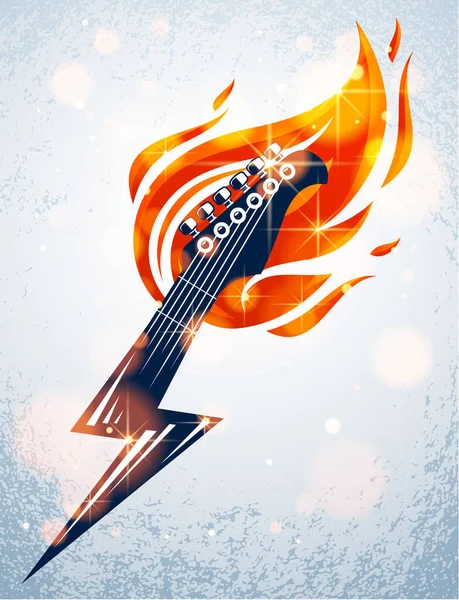 Elektromos Gitár Fej Lángol Villám Forró Rock Zene Gitár Láng — Stock Vector