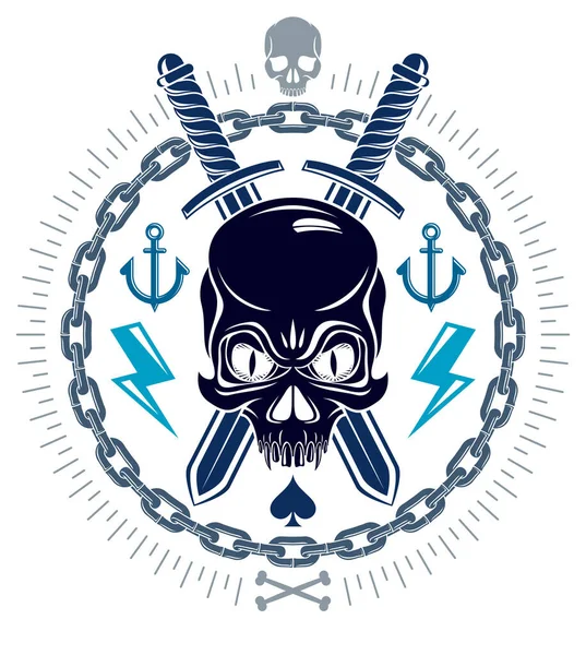 Emblema Aggressivo Del Pirata Del Cranio Jolly Roger Con Armi — Vettoriale Stock