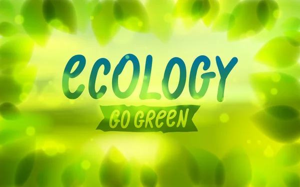 Ökológia Szó Rajzolt Ablak Üveg Friss Zöld Levelek Elmosódott Háttér — Stock Vector