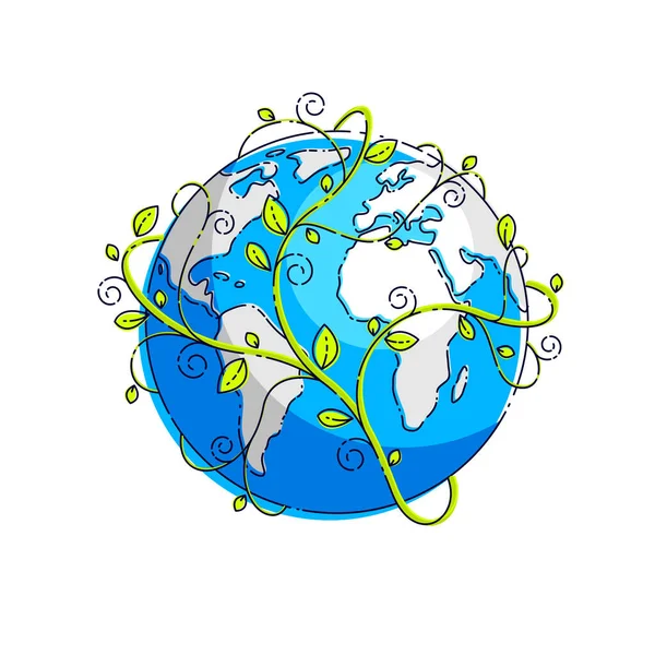 Planet Erde Mit Grünen Blättern Blumenschmuck Design Vektor Emblem Oder — Stockvektor