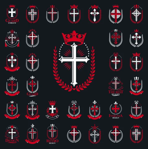 Vintage Christian Crosses Vector Logos Emblems Heraldic Design Elements Big — Stock Vector