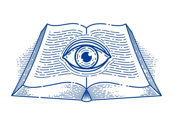 Geheimwissen Jahrgang Offenes Buch Mit Allem Sehenden Auge Textzeilen Öffnen — Stockvektor