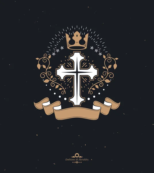 Cruz Emblema Gráfico Religioso Creado Con Corona Imperial Ornamento Floral — Archivo Imágenes Vectoriales