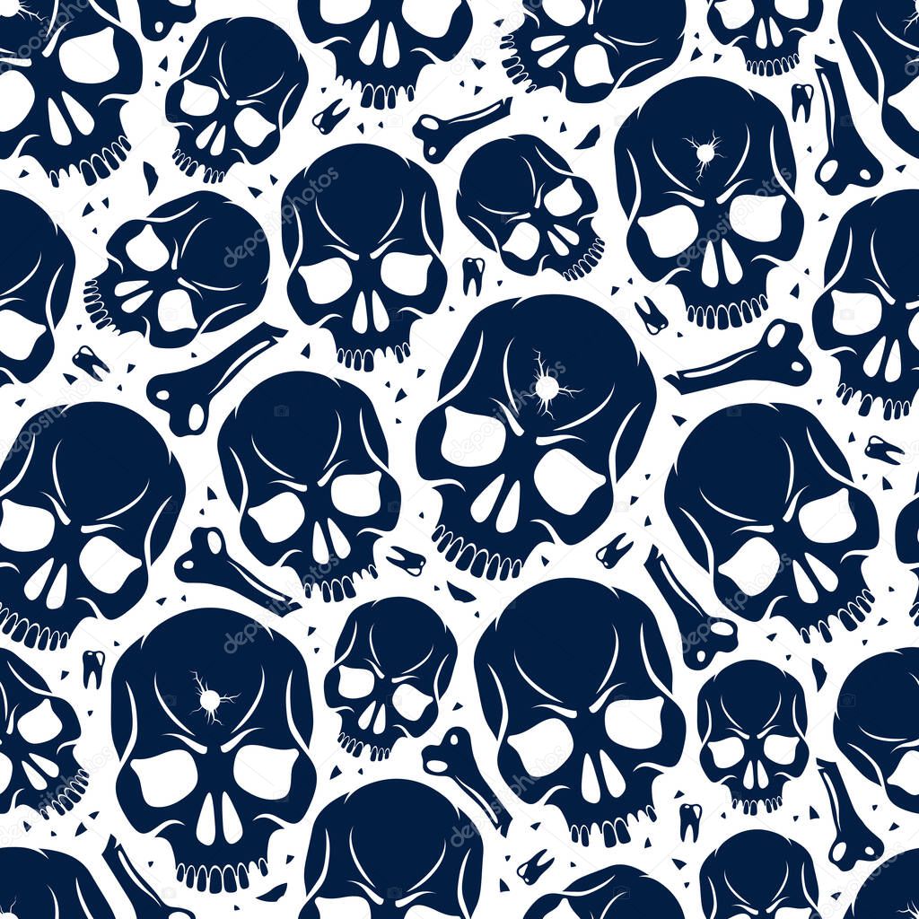 Skulls seamless pattern, vector background with crazy sculls for Hard Rock and Rock N Roll subculture prints textile, hazard and danger, horror and death theme.