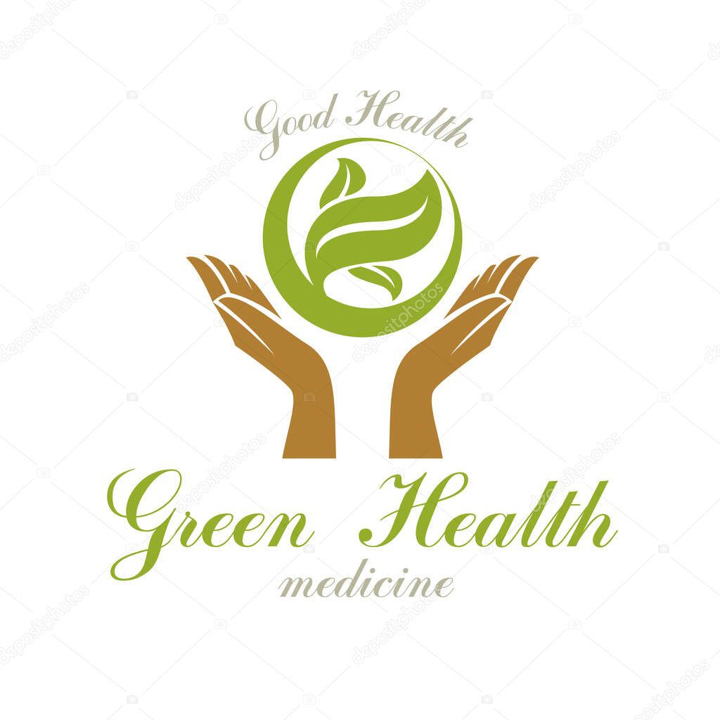 Caring hands holding green spring leaves. Medical rehabilitation abstract logo.
