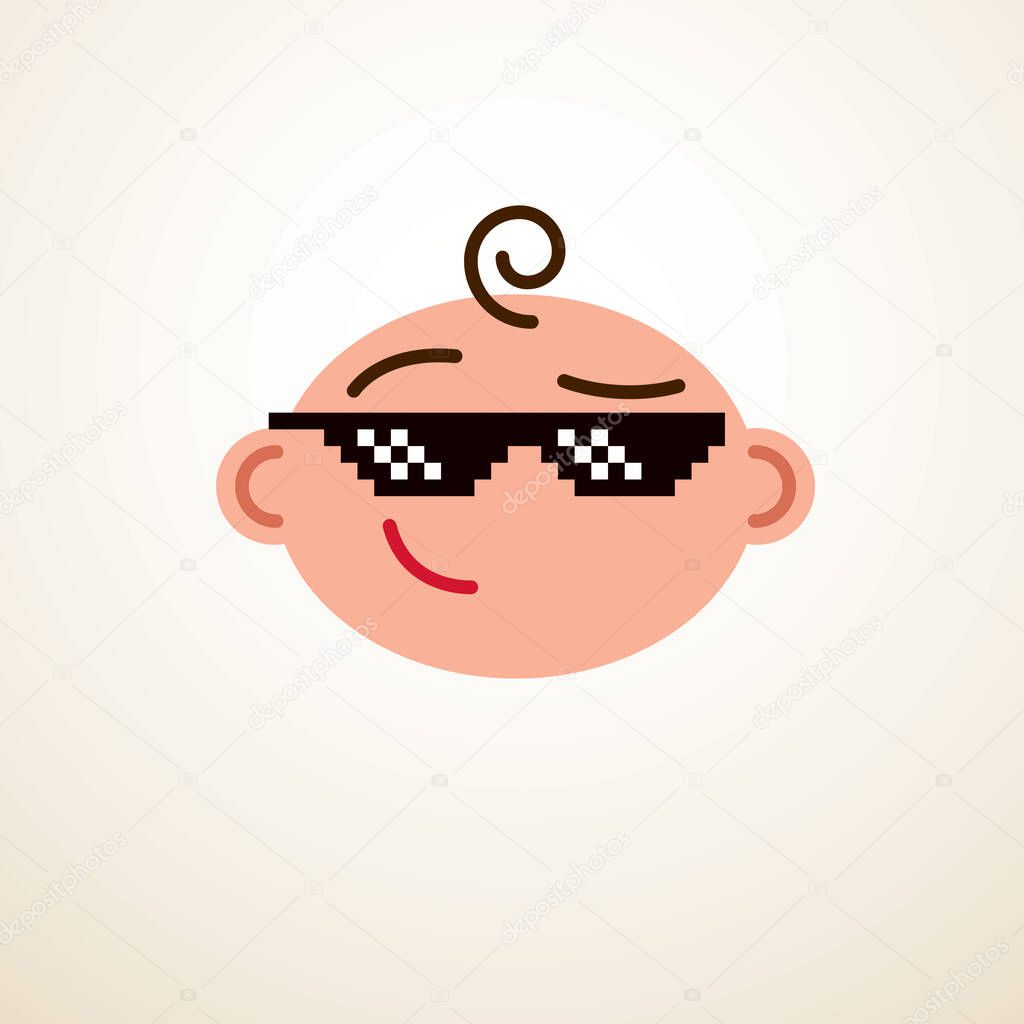 Cute baby cartoon vector flat icon, adorable happy and smiling child with pixel glasses of life thug emoji.
