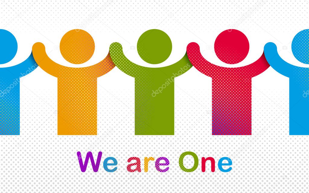 Worldwide people global society concept, different races solidarity, we stand as one, togetherness and friendship allegory, world unity cooperation, vector illustration logo or icon.