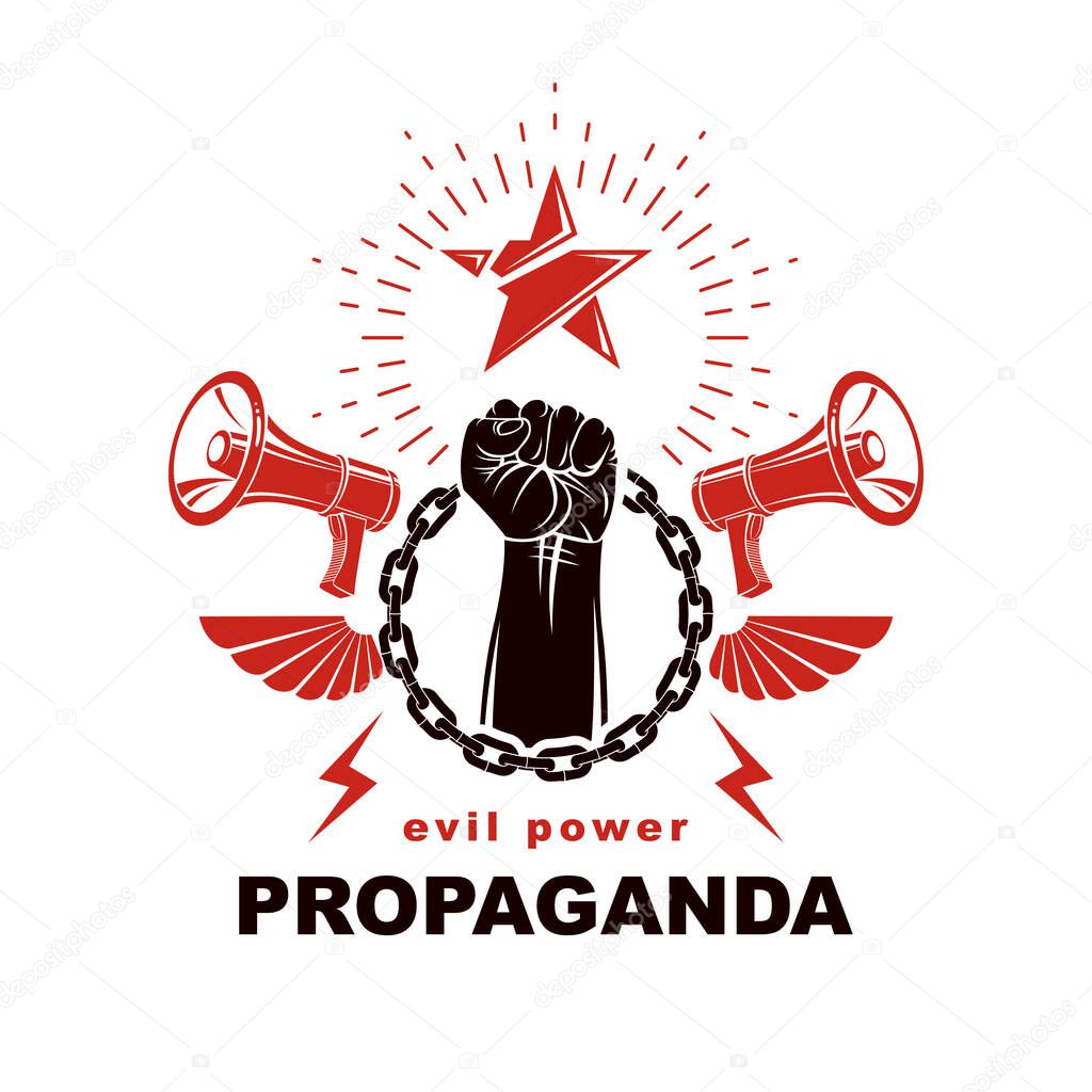 Vector emblem composed with muscular raised clenched fist surrounded with chain, bird wings and loudspeakers. Propaganda idea, no limits and restrictions conceptual emblem.