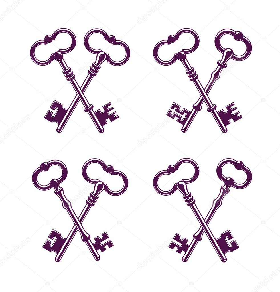 Crossed keys, protected secret, electronic data protection, keys to heaven, hotel label, vintage antique turnkeys vector logo or emblem.