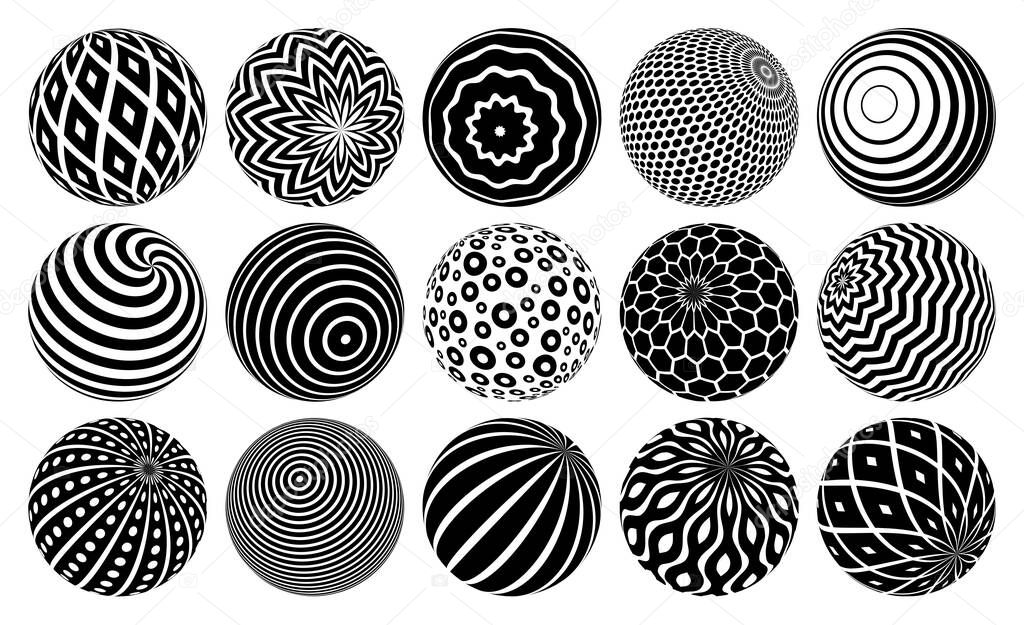 Decorated spheres vector illustrations set, abstract beautiful balls with patterns, 3D globes design concept collection, single color black and white useful for logos.