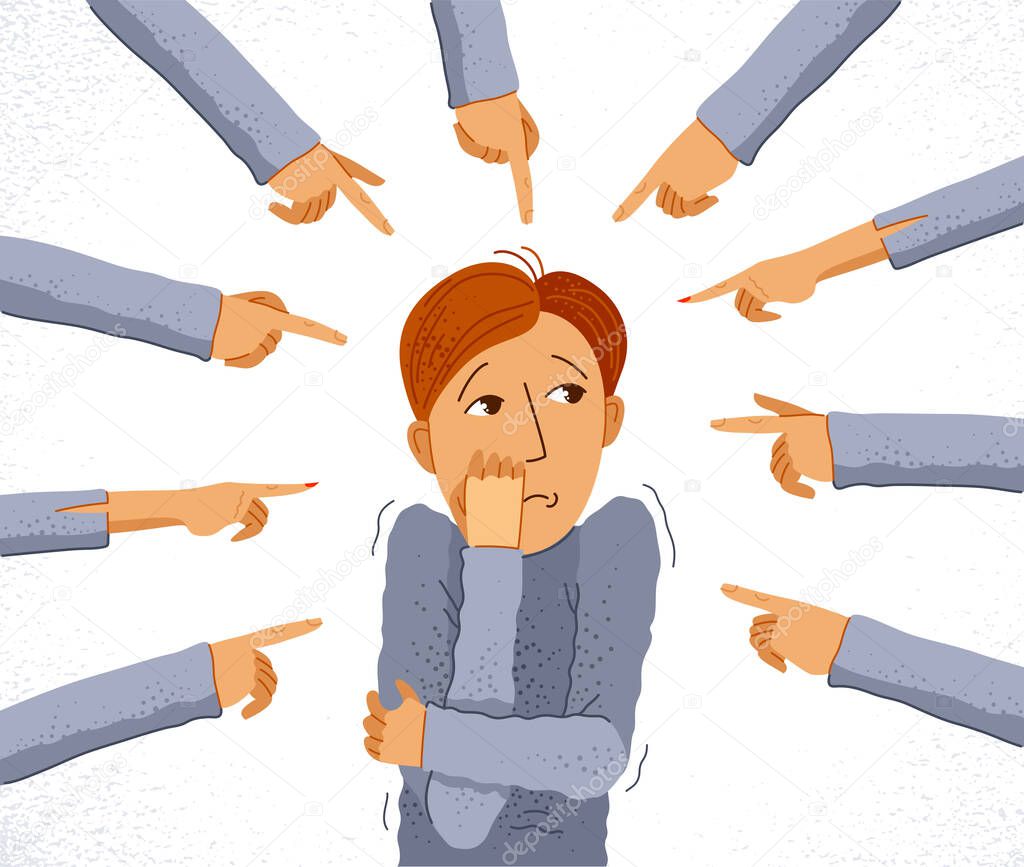 Shaming and blaming vector concept, hand pointing finger on young man feeling uncomfortable and scared, discrimination problem of cruel and intolerant behavior in social groups.