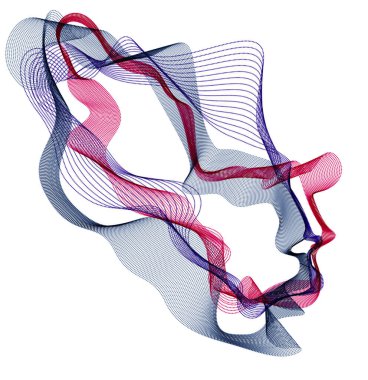 Makinenin dijital ruhu, yapay zeka yazılımı insan kafasının noktalı parçacıkların dalga çizgilerinden oluştuğunu görselleştirme. Evrimin teknik dönemi.