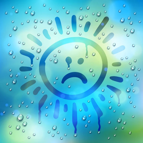 Sad Sun Drawn Window Blurred Background Water Rain Drops Vector — Stock Vector