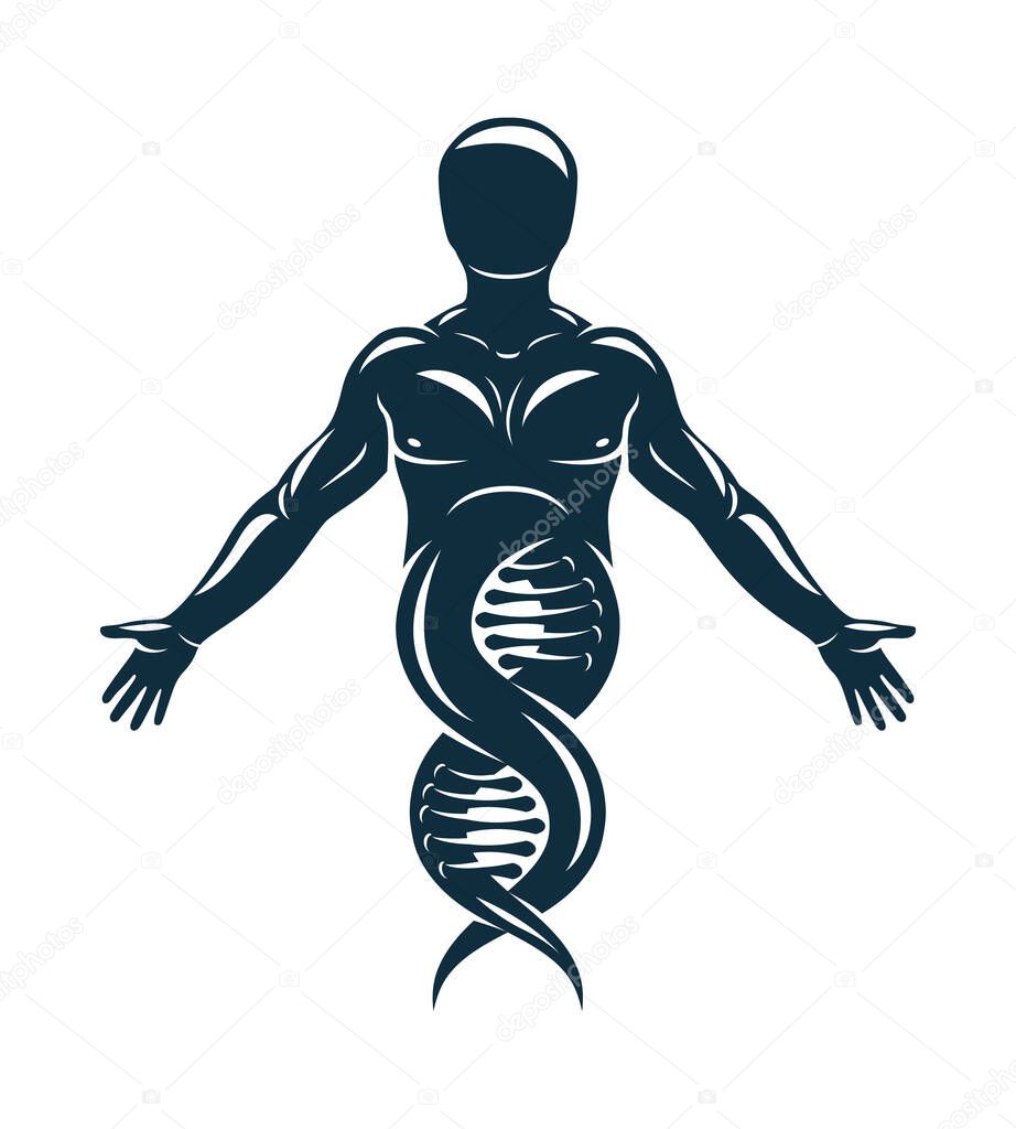 Vector illustration of human, athlete depicted as DNA strands continuation. Molecular biotechnology concept.
