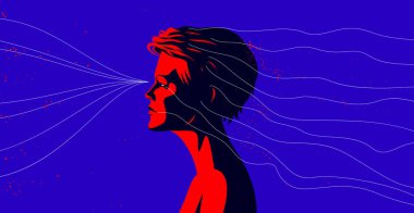 Baş vektör illüstrasyonundan hareketli soyut sıvı çizgileri olan kadın profili, felsefi ve psikolojik farkındalık, meditasyon ve farkındalık.