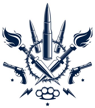 Devrim ve savaş taşıyıcı amblemi kurşunlar ve silahlar, logo veya dövme birçok farklı tasarım unsurları, çevik kuvvet savaşçısı, suçlu ve anarşist tarzı, sosyal gerilim teması.