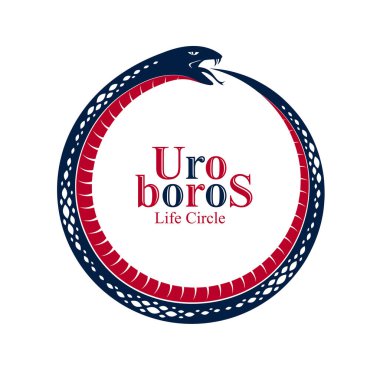 Ouroboros Yılanı daire şeklinde, sonsuz yaşam ve ölüm döngüsü, antik Uroboros sembolü çizimi, yılan kendi hikayesini, logosunu, amblemini ya da dövmesini yiyor..
