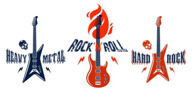 Elektro gitar vektör logolu Hard Rock amblemleri, konser festivali veya gece kulübü etiketleri, müzik temalı illüstrasyonlar, gitar dükkanı veya tişört baskısı, stil tipografisi olan rock grubu işareti.